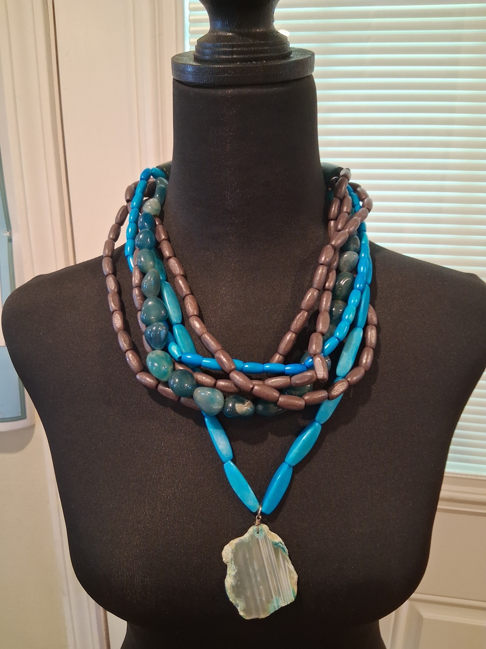 Multi-Strand Teal and Brown Statement Necklace with Shell Pendant